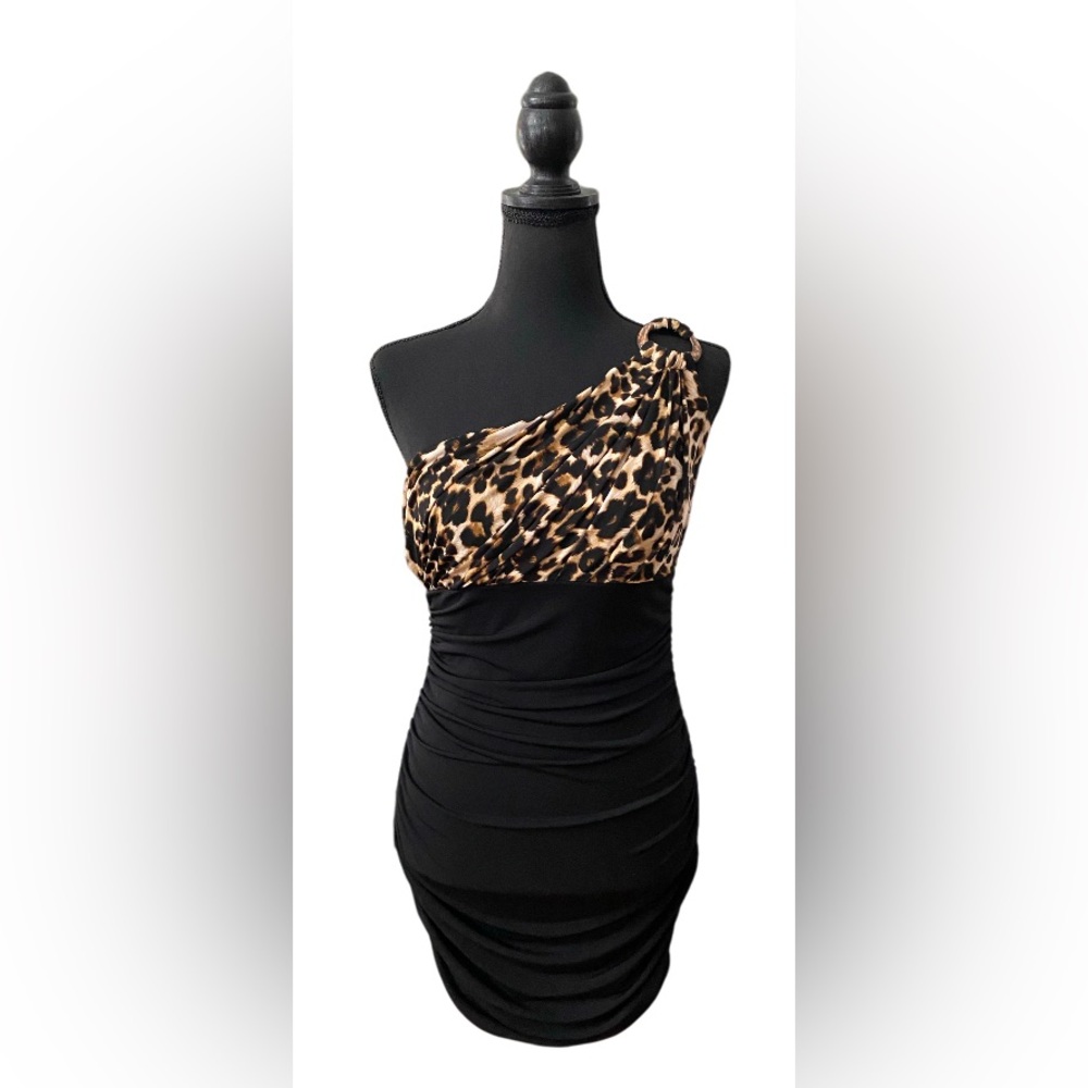 Speechless: Black Bodycon Dress with Leopard Print Top and O Ring on Shoulder